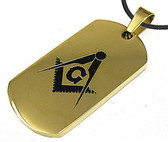 Gold Color Masonic Dog Tag Smooth Square & Compass Steel Dog Tag Pendant & PVC Chain Necklace