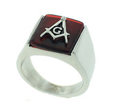 Red Lodge - Freemasons Square and Compass Ring - Steel Masonic Emblem with Red Background. red masonic ring