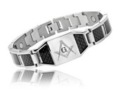 Masonic Bracelet - Stainless Steel w/ Black Carbon Fiber Freemason Link Bracelet with Classic Masonic Symbol