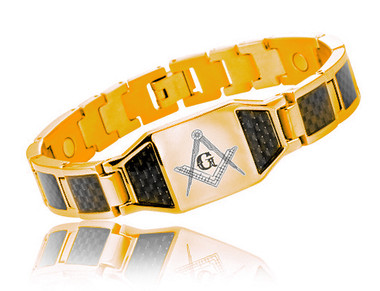 Masonic Bracelet - Gold Plated Steel w/ Black Carbon Fiber Freemason Link Bracelet with Classic Masonic Symbol