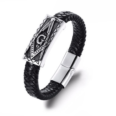 Freemason Bracelet with Magnetic Buckle / Masonic Symbol - Silver Tone Steel and Black Leather Braided Mason Jewelry