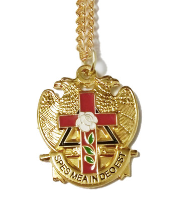 Scottish Rite Pendant with chain. Gold Tone with color enamel. Masonic Symbolism displays Eagle holding Red Cross Rose. Jewelry for Freemasons
