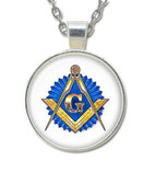 Masonic Glass Necklace Pendant with Masonic Symbol on Blue Seal  / Free Mason.