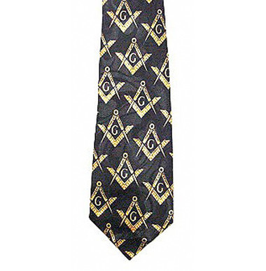 Masonic Neck Tie - Black and Yellow Polyester long tie with duplicated Masonic pattern design for Freemasons. Masonic gift