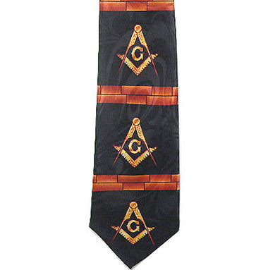 Masonic Neck Tie - Black Background Polyester long tie with bricks between Square and Compass design Masonic pattern design for Freemasons Formal Wear Attire