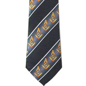 Masonic Neck Tie - Black background and Gold Compass and Square symbols with white lines on Polyester long tie with diagonal Masonic pattern design for Freemasons 