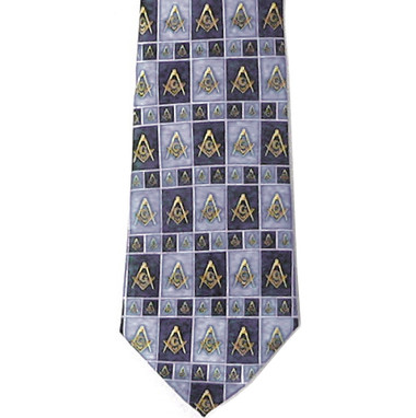 Masonic Neck Tie - Black and Gray Polyester long tie with square and rectangle boxed Masonic pattern design. Regalia Freemason formal wear. masonic gifts