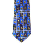 Masonic Regalia - Neck Tie - Blue Polyester long tie with square and rectangle boxed Masonic pattern design for Freemason formal wear, Gifts for freemasons