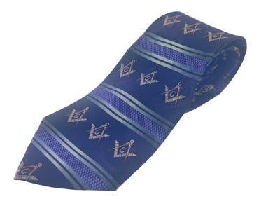 freemason's navy blue and white long tie with gold compass and square. masonic tie blue for men with gold compass and square. freemason gifts