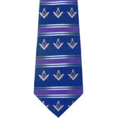 Freemason's Tie - Blue Polyester Long Necktie with White Masonic Symbols and Striped Pattern Design Masonic Clothing. Masonic gifts