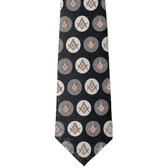 freemason's black white and gray long tie with gold compass and square. masonic gifts
