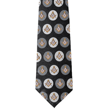 freemason's black white and gray long tie with gold compass and square. masonic gifts
