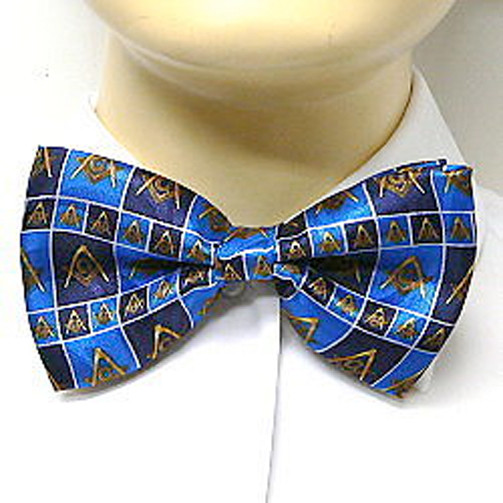 Black masonic bow tie with white square and compass motifs