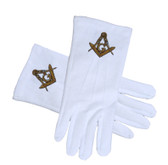 Masonic Regalia - Standard Gold Style Compass Face Cotton Gloves - White (One Size Fits Most). Masonic Clothing and Formal Attire. Masonic Gloves for Freemasons.