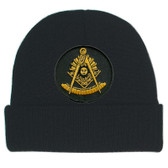 Masinic Cap Winter  - Black Beanie Hat with Golden Past Master Masonic Symbol - One Size Fits Most Adults. Freemason Merchandise, Clothing and Apparel.