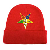 Order of the Eastern Star - Red Beanie Cap with Colorful Standard OES Symbol - Hat One Size Fits Most Adults. Freemason Merchandise.