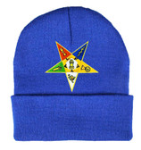 Order of the Eastern Star - Blue Beanie Cap with Colorful Standard OES Symbol - Hat One Size Fits Most Adults. Masonic Merchandise.