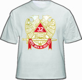 Masonic Shirt - Scottish Rite T-Shirt (White) For 32nd Degree Freemasons - Multi Colored Wings DOWN Double Headed Eagle Design with Banner and Sword. Masonic Clothing and Apparel.