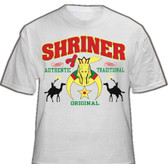 Masonic Shriners T-Shirt (White) For Freemasons - Multi Colored Design with text Authentic, Traditional, Original and shadow camel riders. Masonic Merchandise and gifts.