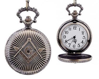 Masonic Regalia - Antique Style Masonic Pocket Watch / Mason Square ad Compass Design. Masonic Quartz Watches..