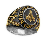 Duo Tone Gold and Steel Color Freemason College Style Masonic Ring - with classic center design and etched symbols. Masonic Jewelry. Masonic rings for sale.