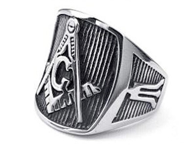Freemason Ring / Masonic Rings for sale - Steel Color - Pinstripe Design with Square and Compass Mason Symbol