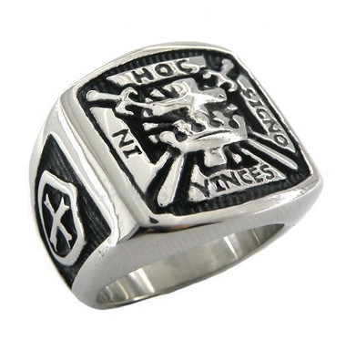 In Hoc Signo Vinces - The Knights of Templar Freemason Ring with Cross and Sheilds on sides. Stainless Steel Masonic Rings for sale with Carved Design