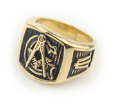 Freemason Ring / Mason Ring - Gold Plated Steel G Masonic Ring Emblem on Pinstripes - Masonic Rings for Sale