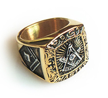 Gold Past Master Freemason Ring / Masonic Ring - Gold Plated and Steel Color Top - with Masonic Symbols. past master ring for sale
