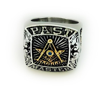 Silver Tone Past Master Freemason Ring / Masonic Ring - Stainless Steel with Gold Plated Color Top - with Masonic Symbols. Masonic past master ring for sale