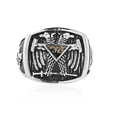 Scottish Rite Freemason Ring / Mason Ring - Stainless Steel Scottish Rite 32nd Degree Masonic Double Headed Eagle with sword, striped background and Grand Elect Freemason side logos. Masonic Jewelry..