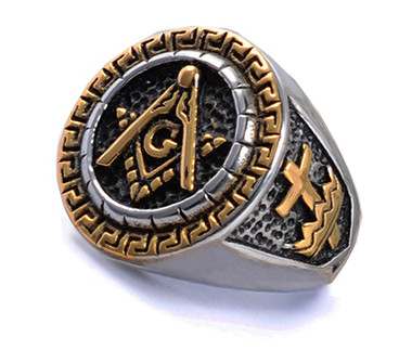 Duo Tone Gold Plated Steel Masonic Ring with Knights of Templar Crosses. Freemason Ring with etched symbols 