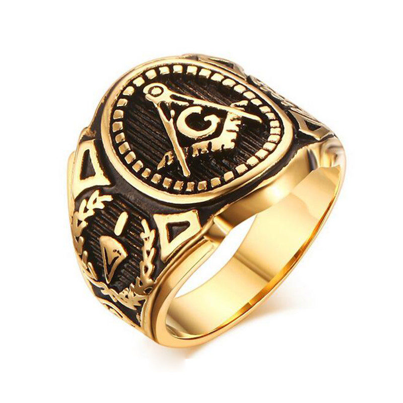 Gold Color Freemason Ring - stainless steel with classic center design, pin  stripes, etched tool symbols (Masonic Rings) - Mason Zone