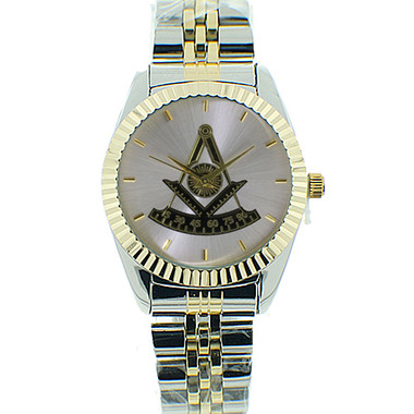 Masonic Past Master's Freemasons Watch - Masonic Symbol on Duo-Tone Gold and Silver Color Steel Band - Freemason Symbol - Silver Shine Face Dial Watches for Free Masons