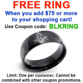 FREE with $75 or more - Use coupon code: BLKRING - Black Freemason Ring / Masonic Ring - Rounded All Way Design - 316L Stainless Steel Band Mason Ring