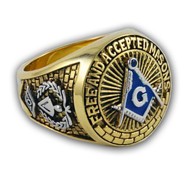 Blue Lodge - Duo-Tone Silver Icons and Gold Color Steel Band. Freemason Ring with Blue Mason Symbol - Free and Accepted Masons - Masonic Rings for sale - Freemason Jewelry	