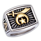 Freemasons Shriner Ring - Duo-tone Gold and Silver color Steel Emblem with Rays of Light and Grand Elect Mason Symbol - Masonic Ring / Shriners Ring