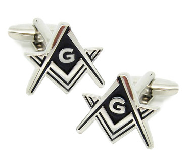 Masonic Regalia - Freemason Cufflinks - Silver tone with Black enamel cut out Masonic Square and Compass Symbols. Freemason Merchandise Formal Wear Attire