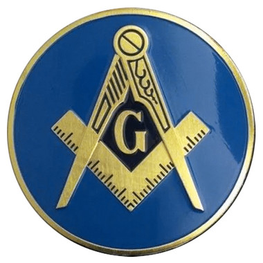 freemason car decal for sale - Round Masonic Car Emblem with Compass and Square Symbol on Blue Background - Masonic Car Emblem Disc for Freemasons - back adhesive sticker