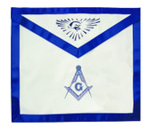 Masonic Aprons - Master Mason - Masonic Blue Lodge White and Blue Duck Cloth Apron For Freemasons - Stencil Compass and Square logo with all seeing eye at top. Masonic Lodge Regalia and Apparel Merchandise.