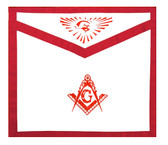 Masonic Regalia - Master Mason Masonic Apron Red Lodge - White and Red Duck Cloth Apron For Freemasons - Bold Compass and Square logo with all seeing eye at top. Masonic Lodge Apparel Merchandise.