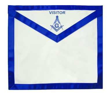 Masonic Visitor - Blue Lodge White and Blue Duck Cloth Apron For Freemasons - Stencil Compass and Square logo with Visitor text at top. Masonic Lodge Regalia and Apparel Merchandise.