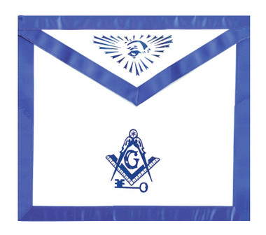Masonic Lodge Regalia - International Mason Key - Masonic Blue Lodge White and Blue Duck Cloth Apron For Freemasons - Key, Compass and Square logo with all seeing eye at top. Masonic Apparel Merchandise.