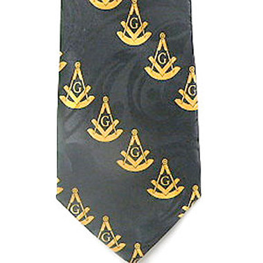 Past Master Masonic Neck Tie - Black and Yellow Polyester long tie with duplicated Masonic pattern design for Freemasons masonic neck ties