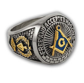 Blue Lodge Masonic Rings - Duo-Tone Gold Icons and Silver Color Steel Band. Freemason Ring with Blue Mason Symbol - Free and Accepted Masons - Masonic Rings for sale - Freemason Jewelry	