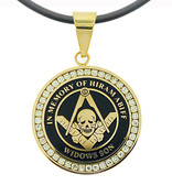  Widows Sons - Gold Color Stainless Steel Masonic Freemason Pendant Medal Charm with CZ Rim and Skull Square and Compass - In Memory Of Hiram Abiff. Includes PVC Chain Necklace 