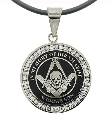  Widows Sons - Silver Color Stainless Steel Masonic Freemason Pendant Medal Charm with CZ Rim and Skull Square and Compass - In Memory Of Hiram Abiff. Includes PVC Chain Necklace