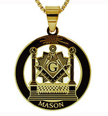Masonic Pillars Pendant - Gold Color Stainless Steel Masonic Freemason Necklace Disc Shaped Charm Pillars, Altar, Square and Compass - Includes Chain Necklace