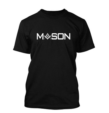 Black Masonic T-Shirt For Freemasons - Bold White Mason Text with Compass and Square inside words 