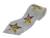 OES Neck Tie - Colorful Order of the Eastern Star on White Polyester long tie with duplicated Masonic OES pattern design 